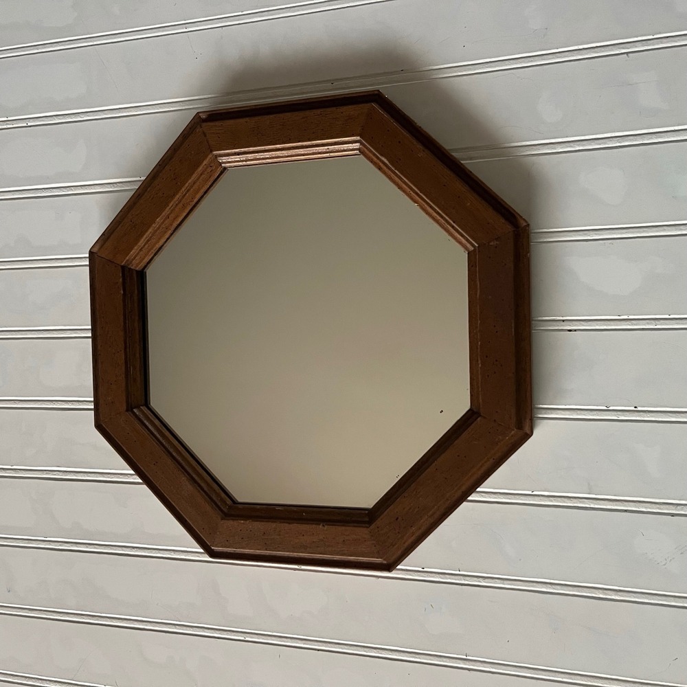 Vintage Octagon Wood Wall Mirror Brown Beveled Geometric Frame 12 Inch Small